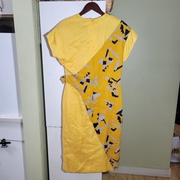 Vintage retro abstract midi dress yellow cotton linen blend size 36 small medium - Picture 6 of 12
